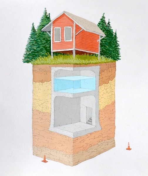 Country Cabin with Cistern and Shelter, gouache, graphite and ink on paper, 15” x 19”, 2013
