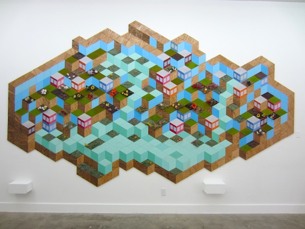 Variable Landscape, plywood, paint, foam, stain, plastic plants, mounted giclee prints, 110” x 192”, 2013, installation view
