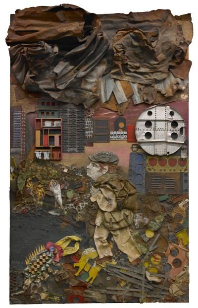 Juanito va a la Ciudad (Juanito Goes to the City), 1963, wood, paint, industrial trash, cardboard, scrap metal, and fabric collage on board