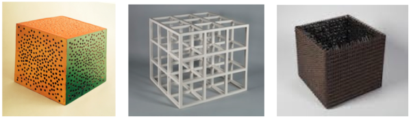 LeWitt, Cube with Random Holes… 1964; LeWitt, 3 x 3 x 3, 1965; Hesse, Accession V, 1968