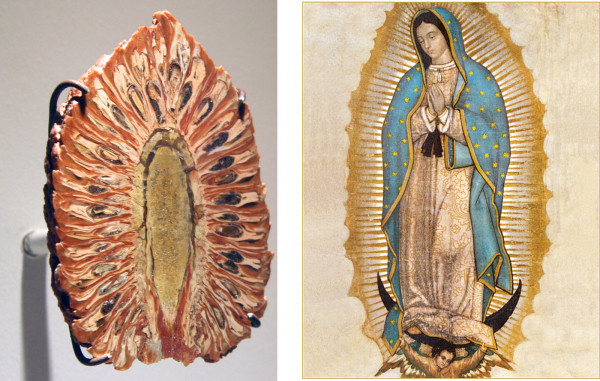 (l) Jurassic period petrified pine cone from La Matilde Formation, Argentina (r) Our Lady of Guadalupe, c. 1900
