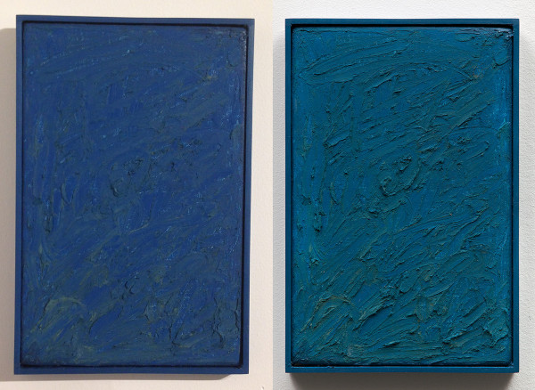 Michelle Rawlings, Ocean Blue(left) and Sea Blue(right), 2014. oil on linen and plexi frame, each 7 x 10.5"