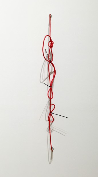 SHHH, The Red Series #2, 2014. Noise-cancelling instrument cable, cable ties, and endpin jacks.