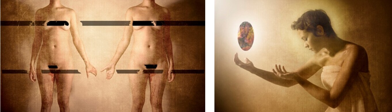 Blood History/Self Portraits, 2011, digital prints (diptych): Left: Baby Go Boom, 38 x 52 in.; Right: Surrender, 24 x 30 in.