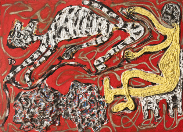 Thornton Dial, Tiger on the Run, 1992. Oil paint, spray paint, rope, and rubber on canvas, 56 × 78 3/8 × 4 3/4 inches. The Menil Collection, Houston, Promised gift of Stephanie and John Smither. 