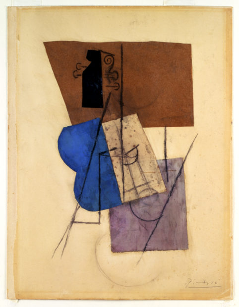 Pablo Picasso, Violin on a Table (Violon sur une table), 1912. Watercolor, charcoal, and paper on paperboard, 24 1/2 × 18 1/4 in. (62.2 × 46.4 cm). The Menil Collection, Houston. © 2016 Estate of Pablo Picasso / Artists Rights Society (ARS), New York