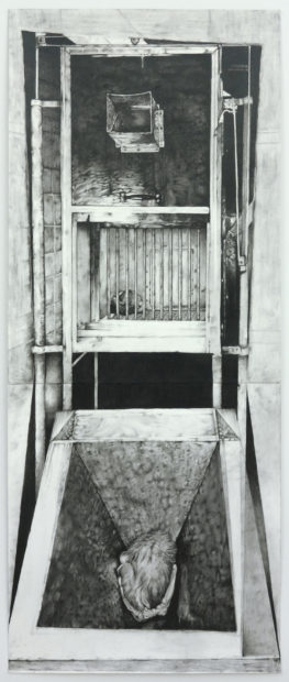 Lionel Maunz, Vertical Chamber, 2016. Graphite on paper. 53 x 21 3/4 inches.