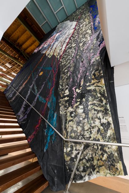 Rodney McMillian, 44.8617° N, 93.5606° W: coordinates to an ascension (detail), 2018. Latex, acrylic, ink, and paper on duck cloth. 41 feet 6 inches x 36 feet 5 inches.