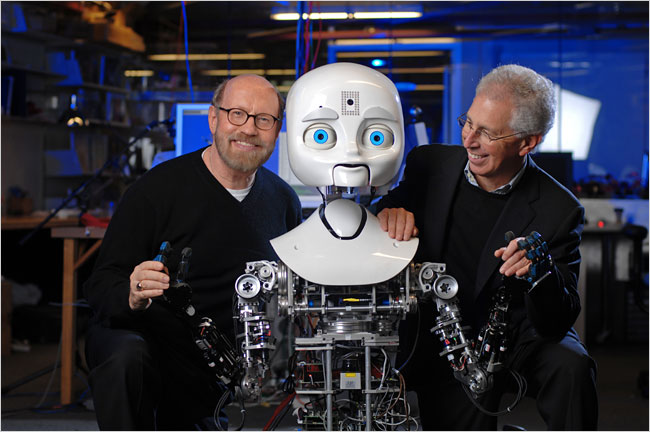 Frank Moss, right, of the M.I.T. Media Lab, and David Kirkpatrick, left, of the Center for Future Storytelling, with a friend. (photo borrowed from the NYT website)