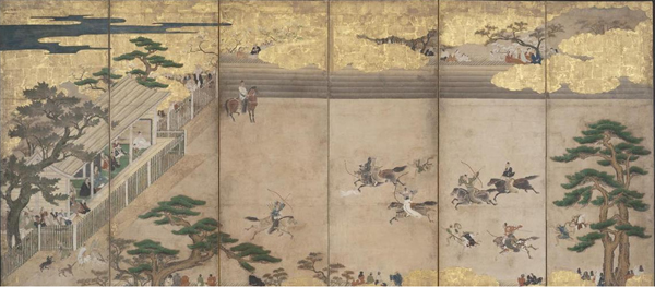 Japanese, Folding Screen with Equestrian Archery Drills (one of a pair), early 17th century, color and gold leaf on paper, the Kimiko and John Powers Collection of Japanese Art.
