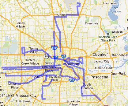 Mapa de Houston extraído de un servicio de cartografía digital. Rutas o viajes están marcados en color violeta.