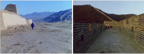 Dos fotografías a color colocadas una junto a la otra. En cada una vemos de espaldas a una persona caminando en diferentes puntos de la Gran Muralla China.