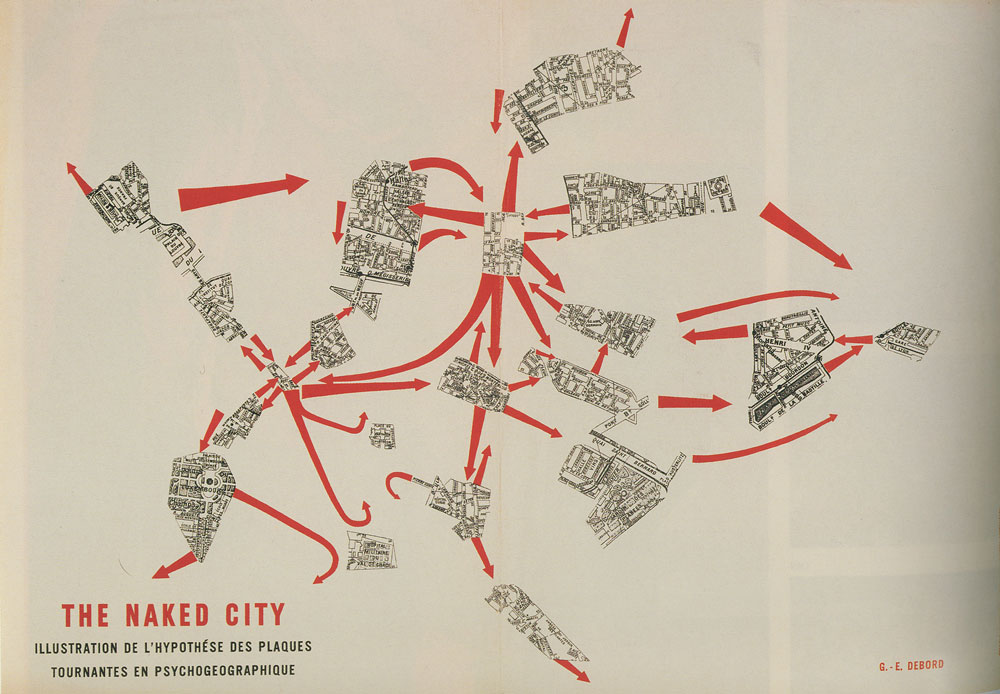 Cartel ilustrado en blanco y negro con flechas rojas de diferentes tamaños que apuntan hacia diferentes direcciones. Entre las flechas están fragmentos de mapas que representan París. 