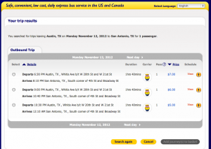Screen shot from Megabus website showing times/prices for departures from Austin