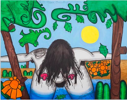 Carroll Dunham, "Next Bathers, four (wash), 2012 mixed media on linen, 64 1/4 x 78 1/4 inches