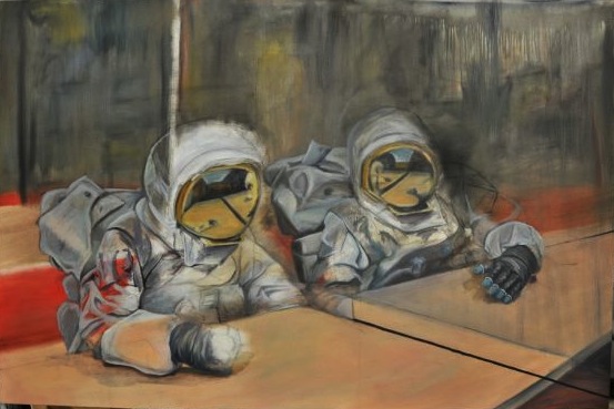 "One-Sided Conversation" by Caleb Sims. "My series of large oil paintings explore the theme of isolation," Sims said. "The astronaut suit symbolizes a contradiction between the security of the suit and the isolation it causes by separating the wearer from all outside interaction." 