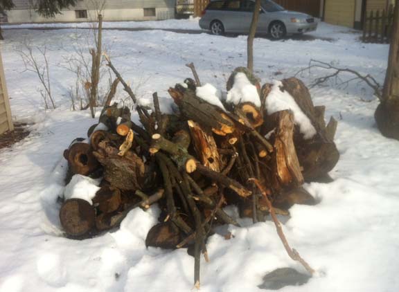 A snowy pile of wood, not quite ready for primetime. 