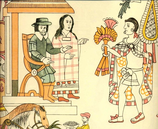 Lienzo de Tlaxcala, 1560: Meeting of Cortés, Malintzin, and Tlaxcalan noble