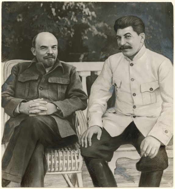 Unknown Russian artist, Lenin and Stalin in Gorki in 1922, 1949, gelatin silver print with applied media, Collection of Ryna and David Alexander