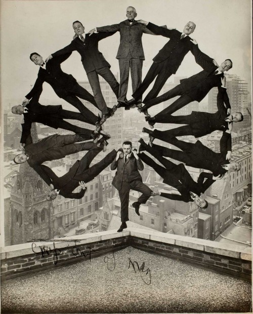 Unknown American artist, Man on Rooftop with Eleven Men in Formation on His Shoulders, c. 1930, gelatin silver print, George Eastman House, courtesy of George Eastman House, International Museum of Photography and Film, Rochester, New York
