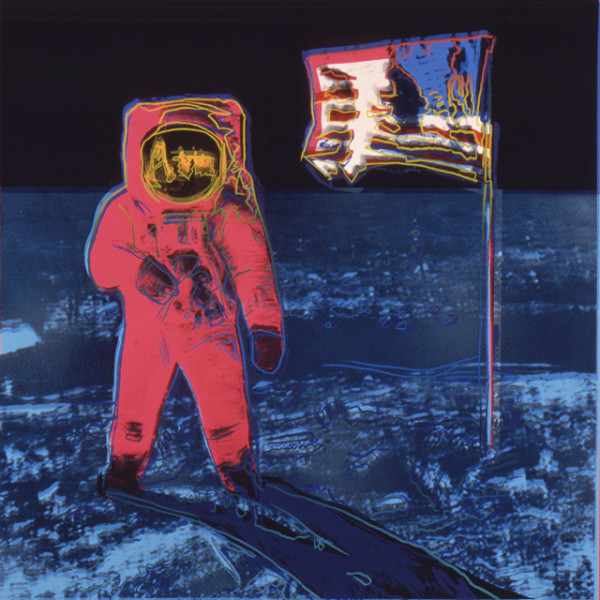 Andy Warhol, “Moonwalk” (1987), silkscreen on paper, showing Buzz Aldrin standing on the moon.