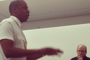 Jay-Z and art critic Jerry Saltz at the filming of “Picasso Baby” at the Chelsea’s Pace Gallery. Photo: Culture.com