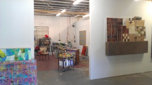 Matt Clark's studio inside Deadbolt Studios (Nathan Green's paintng hangs to the right).