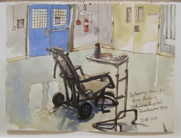 Steve Mumford, 5/16/13, Restraining chair for force feeding, Detainee hospital, Guantanamo Bay, Cuba  2013 ink and wash on paper 13.75 x 18 inches 