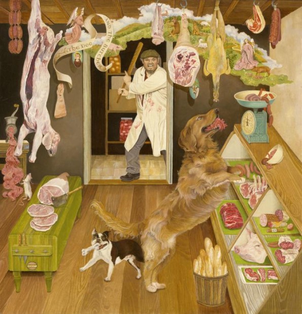Ellen Tanner, The Dog and The Butcher, 2012, oil on panel, courtesy Moody Gallery