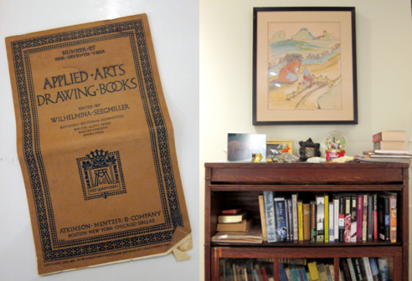 Day is greatly inspired by his grandmother, who created this book on applied arts and drawing and was a children’s illustrator. One of her illustrations hangs above the bookcase.