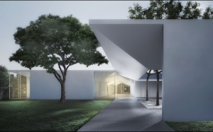 Menil Drawing Institute at dusk, looking past the west entrance courtyard. (Johnston Marklee / The Menil Collection) 
