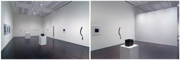 Room 2. The wall that appears grey in the photograph on the right is LeWitt’s Wall Drawing #46 (1970). The reproduction of Hesse’s Metronomic Irregularity II (1966) hangs on the left-most wall in the photograph on the left.