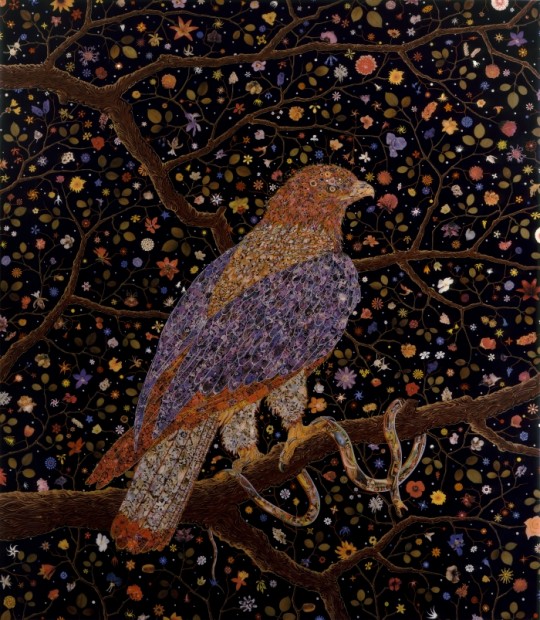 Fred Tomaselli, Avian Flower Serpent, 2006, Leaves, photomontage, acrylic, gouache, and resin on wood panel, 84 x 72 ½ inches