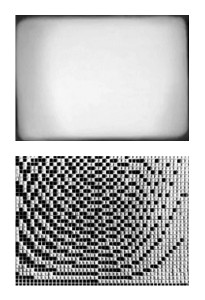 The Flicker by Tony Conrad, 16mm, 1965. Above: A clear (white) frame. Below: Exposure timing sheet used in making the film.