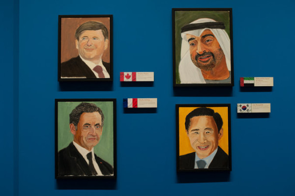 Portraits of (clockwise from bottom left) former  President Nicolas Sarkozy of France, Prime Minister Stephen Harper of Canada, the crown prince of Abu Dhabi, Mohammed bin Zayed, and the former president of South Korea, Lee Myung-bak. All were painted by former President George W. Bush. Credit Brandon Thibodeaux for The New York Times