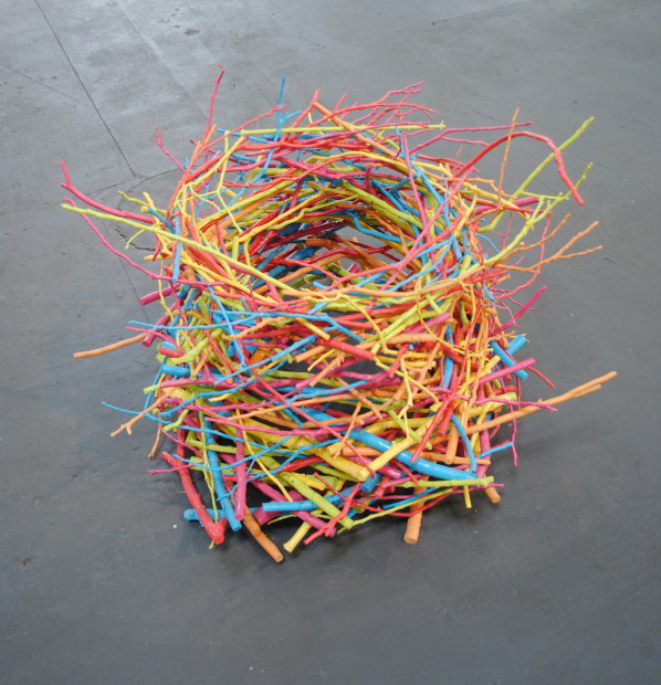 Sergio Garcia, Richard Ross, Mark Nelson, <em>The Nest</em>. Sticks and enamel, 27" x 39" 