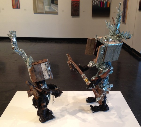 Mack Bishop III, <em>Earth Child 1 & 2</em>, 2014. Driftwood, mirror, wire and board, 3’ x 2’ x 5’