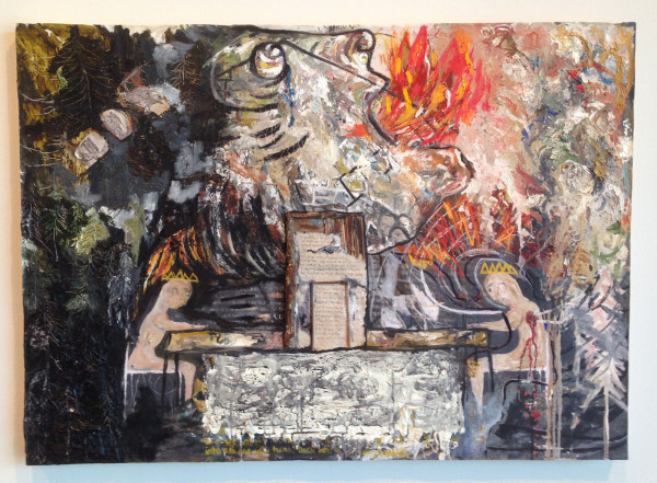 Jenn Fox, <em>Last Dinner at the Burning House</em>, 2013 Oil, handmade paper, wood, ink and acetone transfer on canvas, 28” x 20”