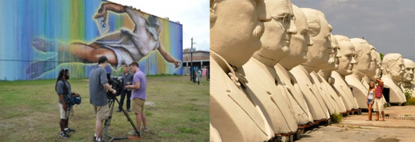 Houston Public Media crew on site at Houston's largest mural. Image via houstonmatters.org. Right: David Adickes' presidents.