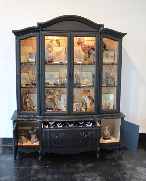 Torie Shelton, <em>Wonder & Curiosity</em>, 2014. Wood cabinet, lithograph prints, needle felted specimens, found objects and screen printed insects, 82” x 98” x 21”