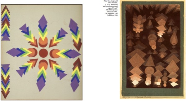 US Kindergarten teacher Irma Crawford, 1909 (left) made with seventh gift (paper parquetry), Paul Klee, 1921 (right)