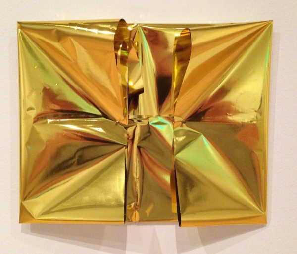 <em>Avalon</em>, 2014. Gold wrapping paper and a poem written by the artist
