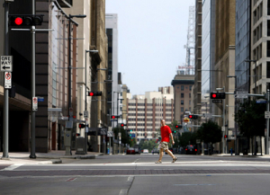 A man walks down an empty street at Houston's downtown as Hurricane Ike approaches at the gulf coast in Texas