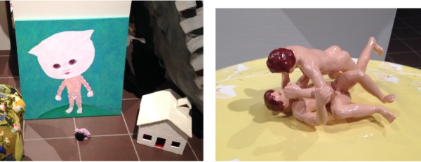 The Gift of Scars (cat painting), 1996, (left) and Soup (detail), 2002. Papier mache, wood, wire, paper 