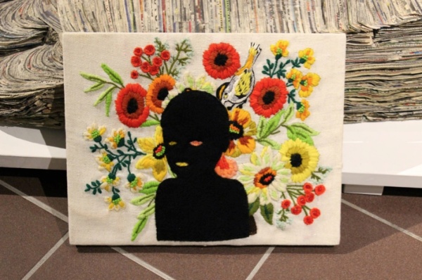 Secret Garden, 2004, felt applique on found crewel embroidery