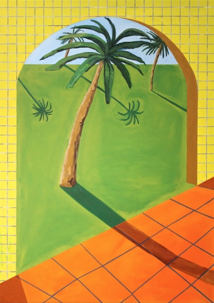 Out on the Coastal Plains (Four Palms)_Oil, collage on canvas_84_ x 60_