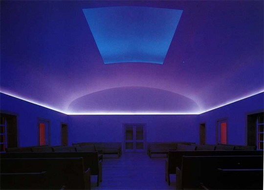 Image: James Turrell, Skyspace at Live Oak Friends Meeting House, Houston, Texas, 2000. Retracted skyspace shows light changing as sun sets. Photo by Joe Aker. Courtesy the artist and Live Oak Friends.