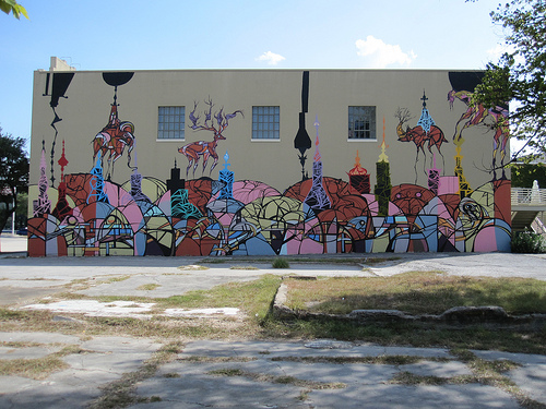 West instigated the ongoing mural project on Lawndale's north wall. Pictured is Daniel Anguilu's "Famous Monsters" from 2011.