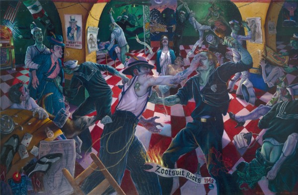 Pintura donde un grupo de hombres es parte de una pelea multitudinaria en un bar. Estos hombres retratados en tonos verdosos ejecutan distintos tipos de violencia y el espacio contiene múltiples iconos estadounidenses y mexicanos.