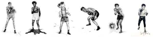 Seis dibujos en blanco y negro de boxeadores con distintos tonos de piel. Algunos de ellos tienen detalles como una alfombra de piel de pantera, un tocado de plumas y flechas enterradas y una corona de flores.